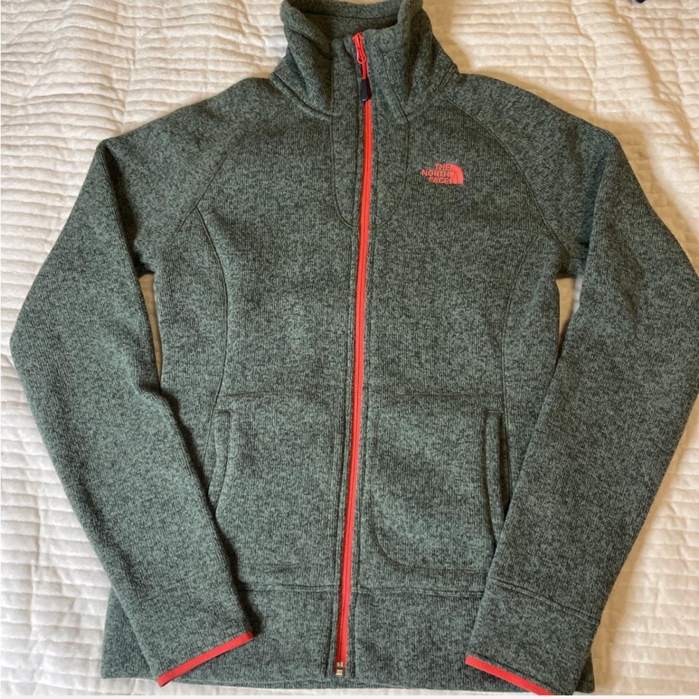 The North Face Olive Jacket with Neon Pink Accents